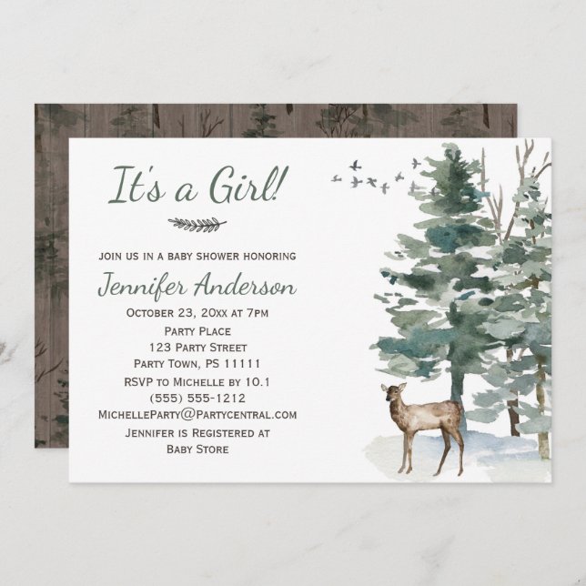 Convite Chá de fraldas de Garota do Canto do Woodland da F (Frente/Verso)