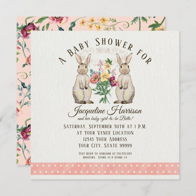 Convite Chá de fraldas de Garota do Coelho da Fada de Made (Frente/Verso)