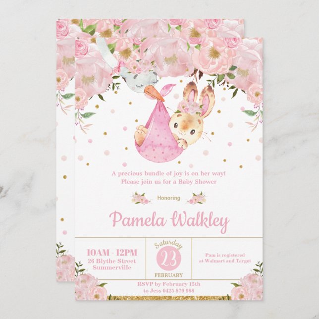 Convite Chá de fraldas de Garota do Pacote Bunny Storny Fl (Frente/Verso)