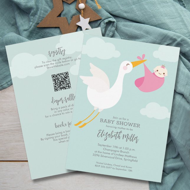 Convite Chá de fraldas de Garota-do-Pacote Rosa-Gelada, Tu (Cute Pink Bundle Stork Girl Baby Shower All In One Invitations, registry QR Code & more on the back)