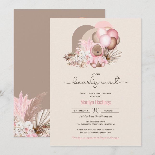 Convite Chá de fraldas de Garota do Urso Rosa-de-Orelha (Frente/Verso)