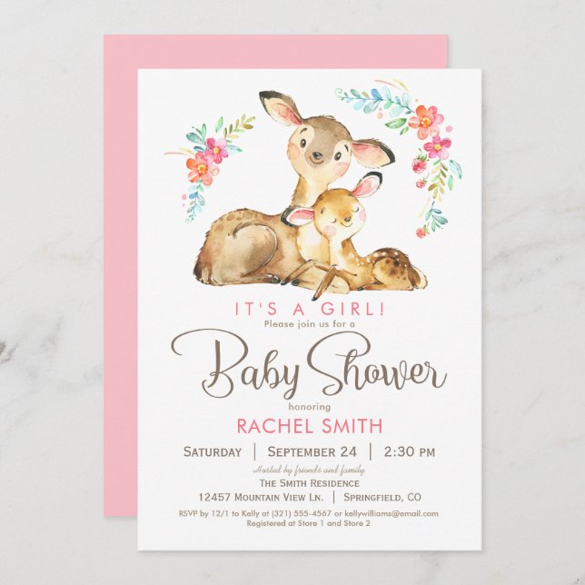 Convite Chá de fraldas de Garota do Woodland Deer (Frente/Verso)