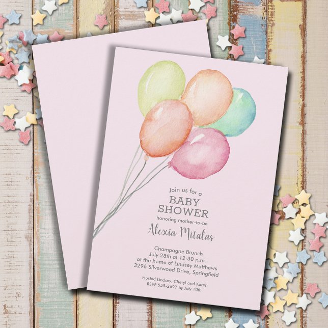 Convite Chá de fraldas de Garota dos Balões de Água (Watercolor balloons girl baby shower invitations, PRINTED and/or INSTANT DOWNLOAD)