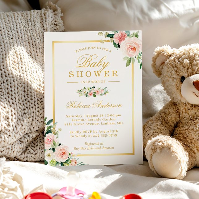 Convite Chá de fraldas de Garota Dourada Floral Rosa Paste (Criador carregado)