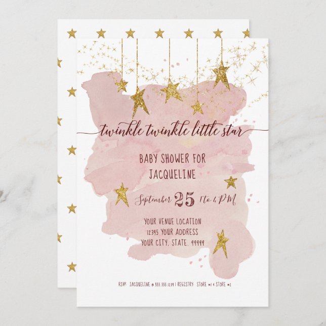 Convite Chá de fraldas de Garota Dourada Rosa Brilhante (Frente/Verso)