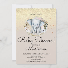 Convite Chá de fraldas de Garota Elefante Faux Dourado Bri