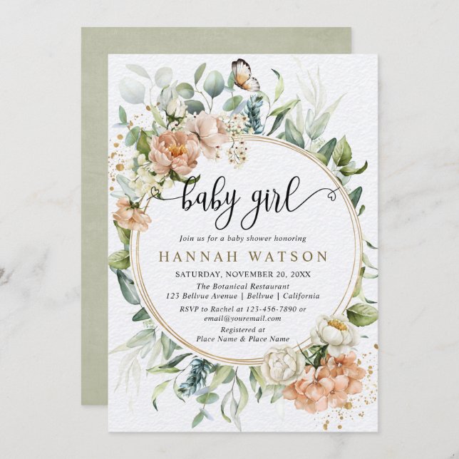 Convite Chá de fraldas de Garota Eucalyptus, Rosa Rosa-Ros (Frente/Verso)