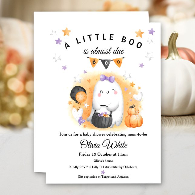 Convite Chá de fraldas de Garota Fantasma Laranja (Halloween Orange Little Boo Ghost Girl Baby Shower Invitation)