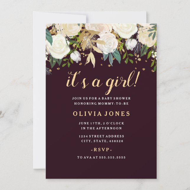 Convite Chá de fraldas de Garota Floral Brilhante (Frente)