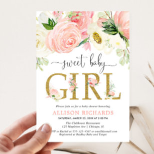 Convite Chá de fraldas de Garota Floral de ouro rosa-claro