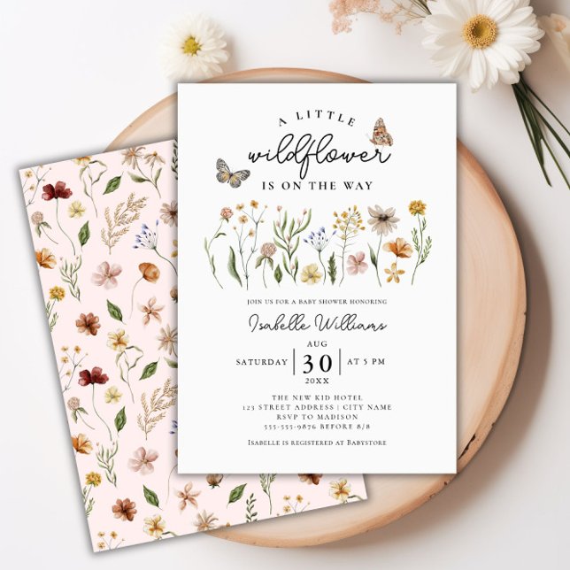 Convite Chá de fraldas de Garota Floral do Pequeno Vinho (Little Wildflower Boho Floral Girl Baby Shower Invitation)