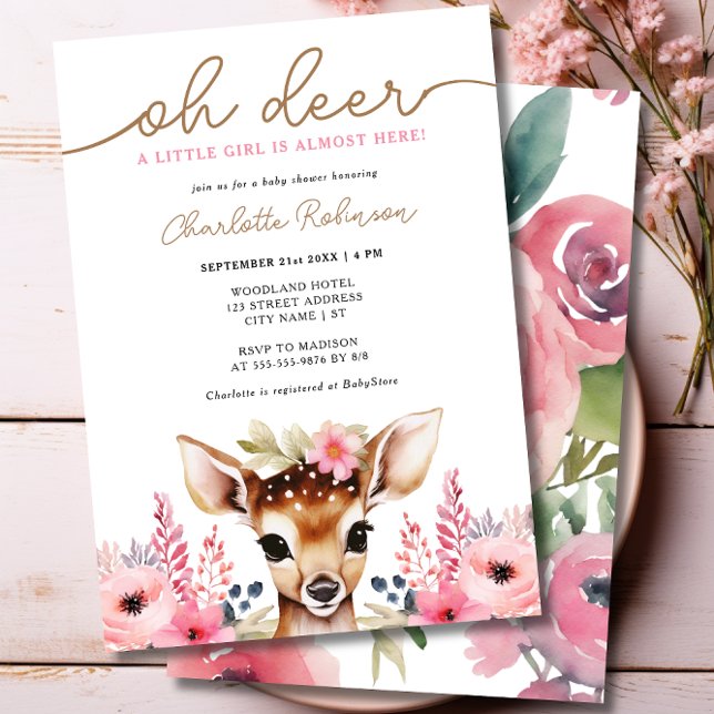 Convite Chá de fraldas De Garota Floral Dourada Pink-Vez (Woodland Deer Pink Gold Floral Girl Baby Shower Invitation)