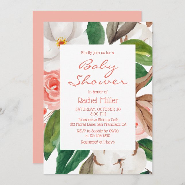 Convite Chá de fraldas de Garota Floral Moderna Chic (Frente/Verso)