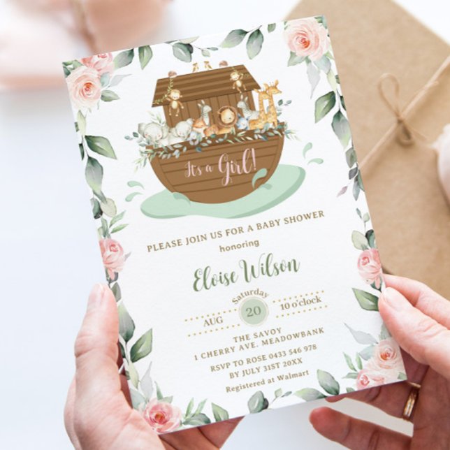Convite Chá de fraldas de Garota Floral Rosa-Arca de Noé (zazzle-blush-pink-floral-flowers-greenery-noah's-ark-girl-baby-shower-invitation-card)