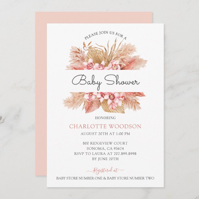 Convite Chá de fraldas de Garota Floral Rosa-Blush (Frente/Verso)