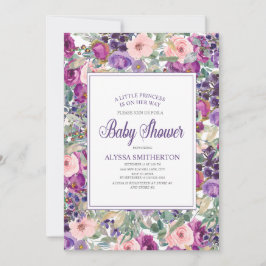 Convite Chá de fraldas de Garota Floral Rosa Púrpura