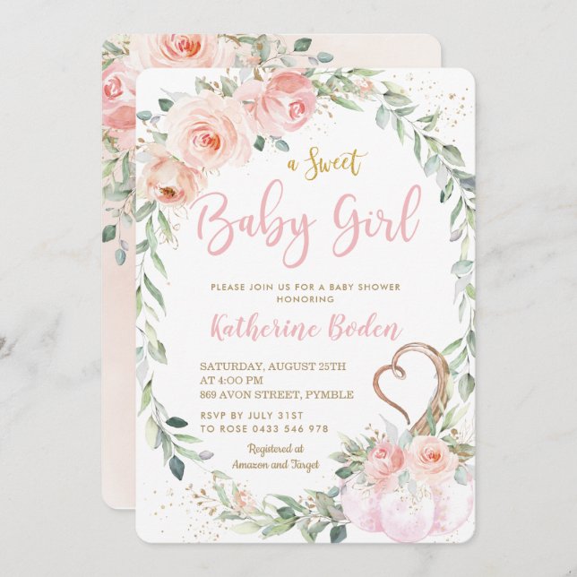 Convite Chá de fraldas De Garota Flórida Rosa-Rosa-Rosa-Pu (Frente/Verso)