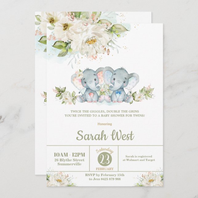 Convite Chá de fraldas de Garota Gimpanzinha Elefante Verd (Frente/Verso)