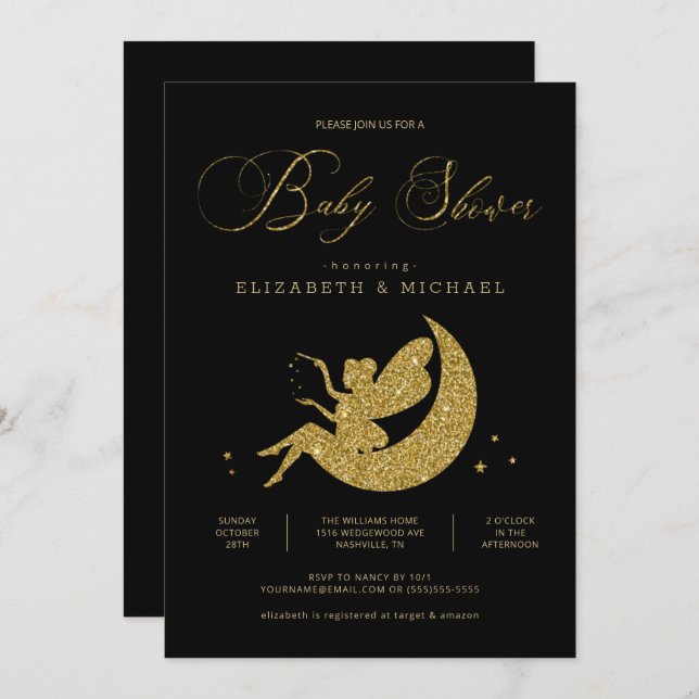 Convite Chá de fraldas de Garota Negra Dourada Fada (Frente/Verso)