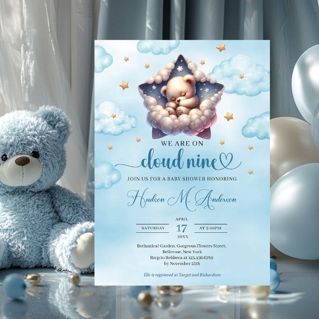 Convite Chá de fraldas de Garota Névoa de Nuvem (we are on cloud nine sleeping teddy bear boy baby shower invitation)