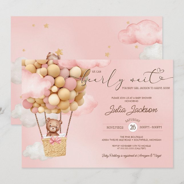 Convite Chá de fraldas de Garota-Nuvem Rosa-Rosa do-Urso-U (Frente/Verso)