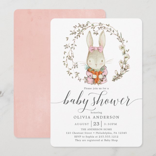 Convite Chá de fraldas de Garota Rosa Botânica do Coelho V (Frente/Verso)