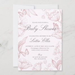 Convite Chá de fraldas de Garota Rosa Floral Moderna Elega