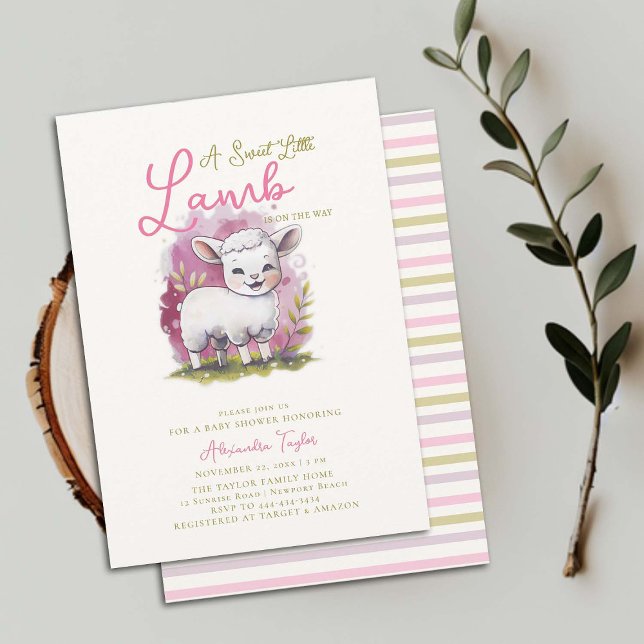 Convite Chá de fraldas De Garota Rosa Mágica E Bonita (happy sweet little lamb girl baby shower invitation whimsical cute watercolor illustration pink)