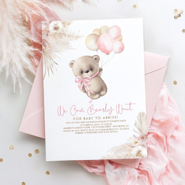 Convite Chá de fraldas de Garota Rosa Rosa Pink Pastel Urs (Teddy Bear Girl Baby Shower Invitations)