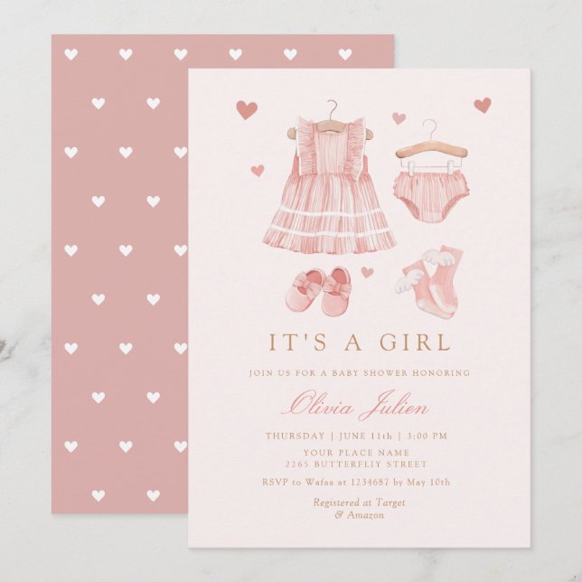 Convite Chá de fraldas de Garota Simples e Moderno (Frente/Verso)