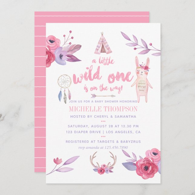 Convite Chá de fraldas de Garota Tribal Boho (Frente/Verso)