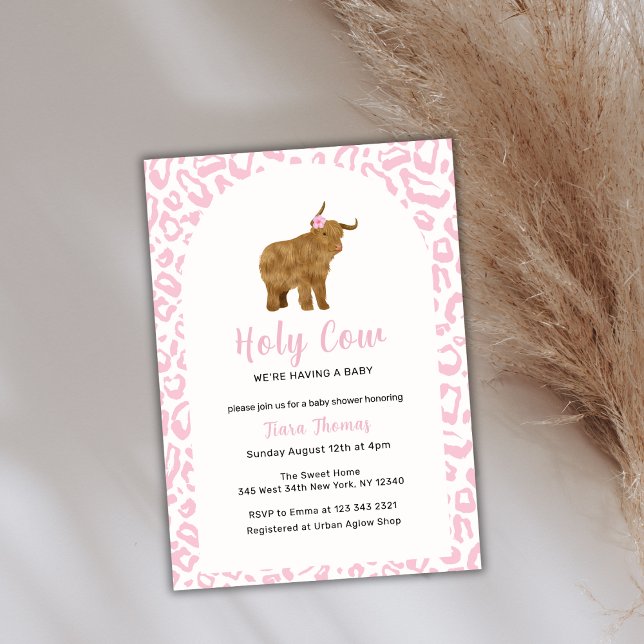 Convite Chá de fraldas de Garota-Vaca Rosa Santa (Pink Boho Holy Cow Highland Cow Girl Baby Shower Invitation)