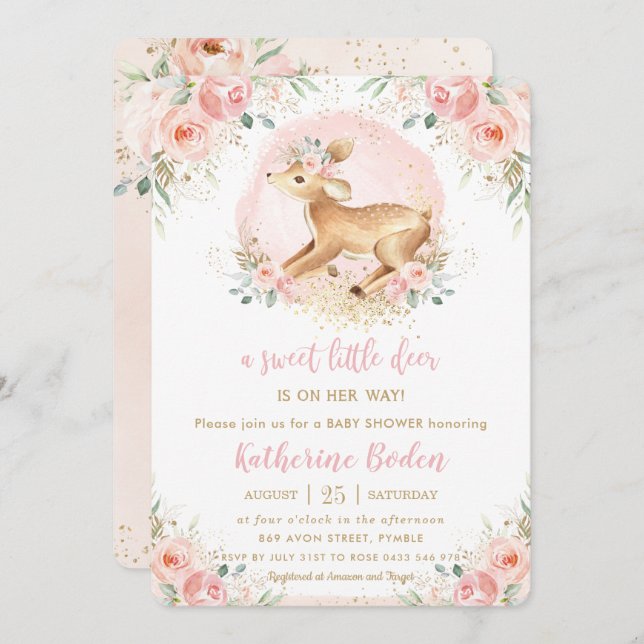 Convite Chá de fraldas De Garota-Vestida Rosa-Rosa-Chic (Frente/Verso)