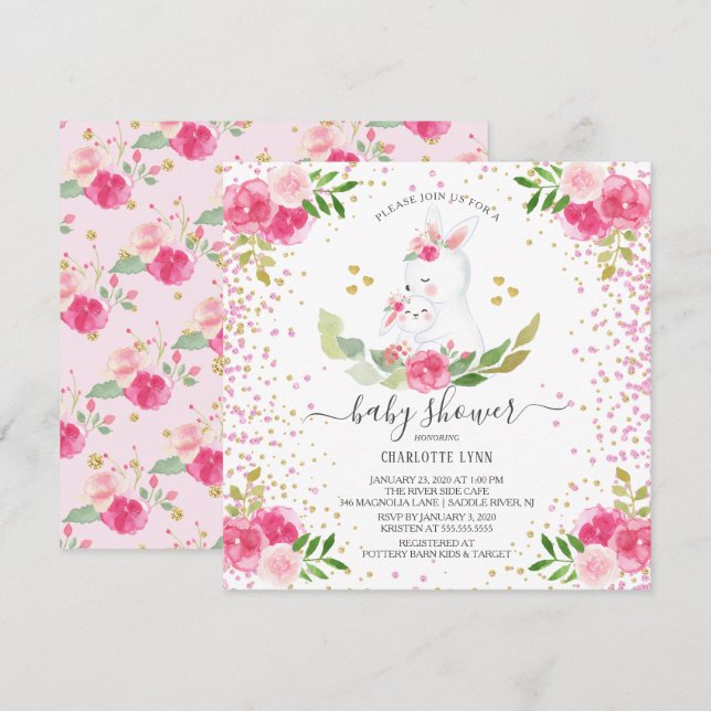 Convite Chá de fraldas de Garotas Coelhinhas Doce (Frente/Verso)