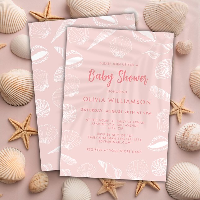 Convite Chá de fraldas de Garotas do Mar de Praia (Pink seashell ocean baby shower invitation.)