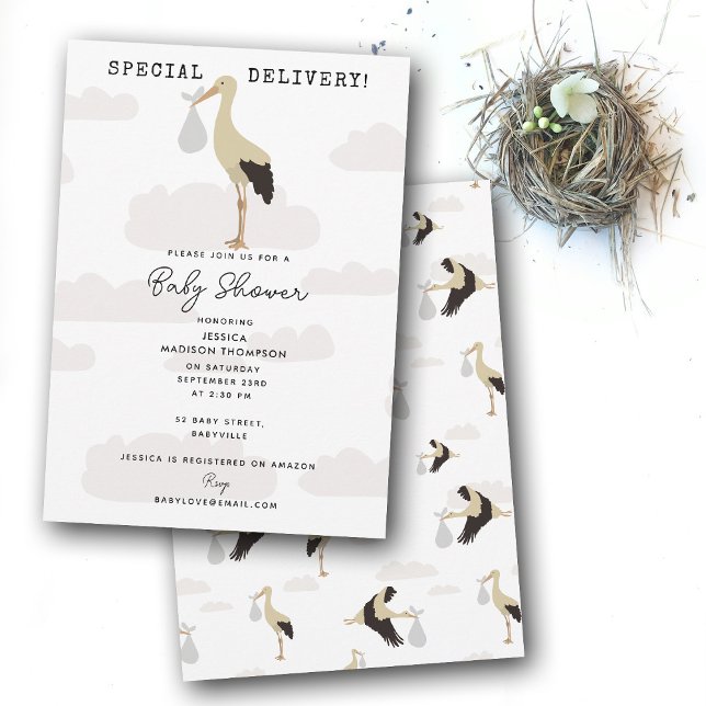 Convite Chá de fraldas de Garotinha de Stornborn (Stork Newborn Baby Boy Girl Baby Shower Invitation)