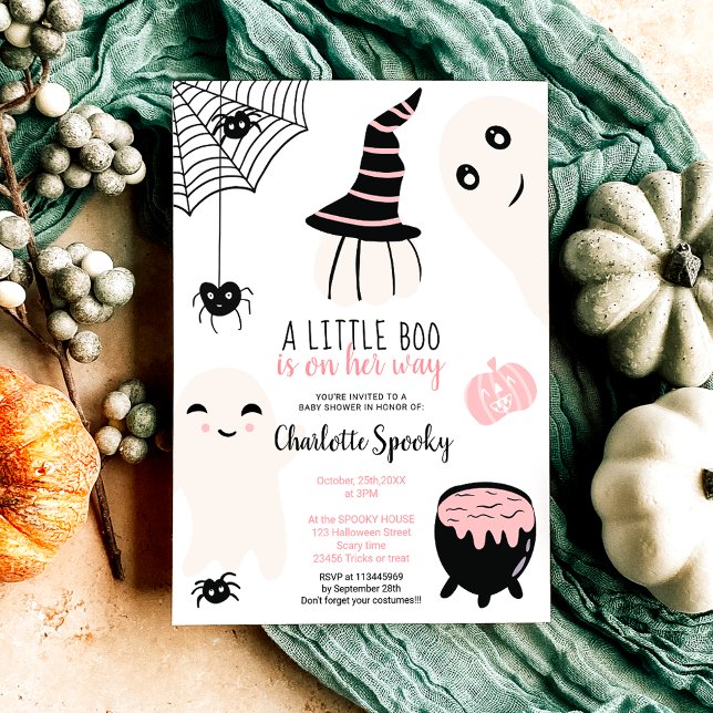 Convite Chá de fraldas de garotinha rosa-rosa do Halloween (Cute pink Halloween little boo girl baby shower Invitation)