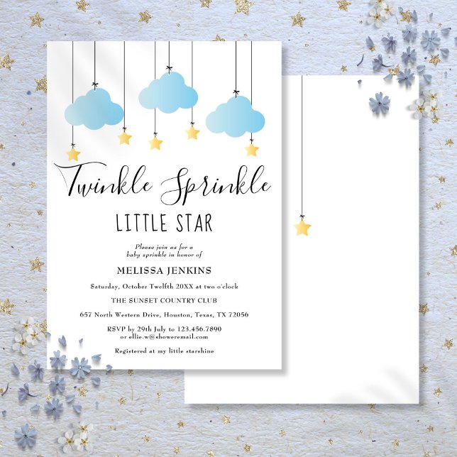 Convite Chá de fraldas de Garoto Azul Estrelado (Twinkle Sprinkle Little Star Blue Boy Baby Shower Invitation)