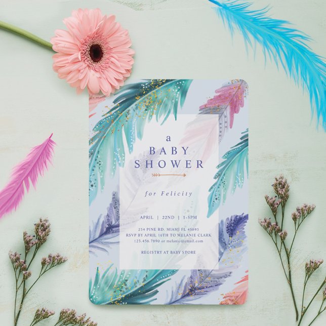 Convite Chá de fraldas de Garoto Boêmico de Penas Aquática (Watercolor Feathers Chic Bohemian Boy Baby Shower Invitation)