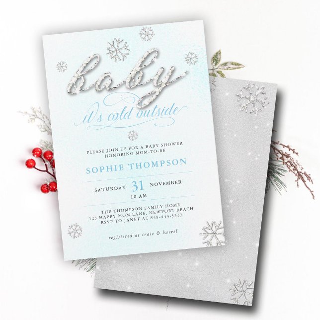 Convite Chá de fraldas De Garoto Com Glitter Frio Fora De  (cold outside boy baby shower invitation white blue christmas winter rhinestone snowflake elegant)