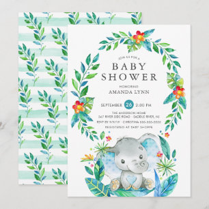 Convite Chá de fraldas de Garoto de Elefante Azul Selva