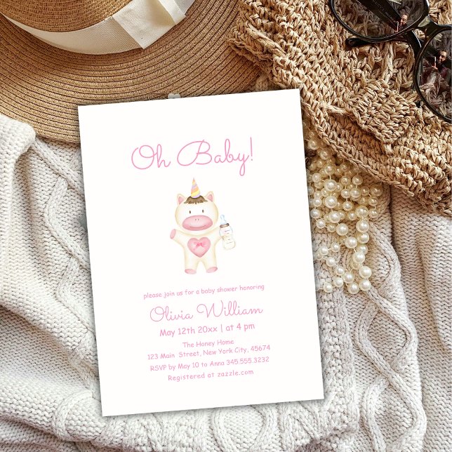 Convite Chá de fraldas de Garrafa de Pastel Rosa (Pastel Pink Fairy Unicorn Bottle Girl Baby Shower Invitation)