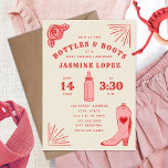 Convite Chá de fraldas de Garrafas e Boots Cowgirl<br><div class="desc">Chá de fraldas temático Cowgirl com esquema de cor rosa e vermelha com ilustrações de rosa,  botas de cowboy e garrafa de bebê.</div>