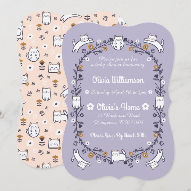 Convite Chá de fraldas de Gatinho gatinho Doce Floral (Frente/Verso)