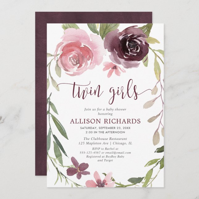 Convite Chá de fraldas de gêmeas roxas roxas, russa e emba (Frente/Verso)