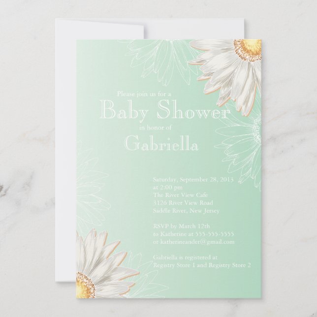Convite Chá de fraldas de Gerbera Daisy Verde e Branco Mod (Frente)