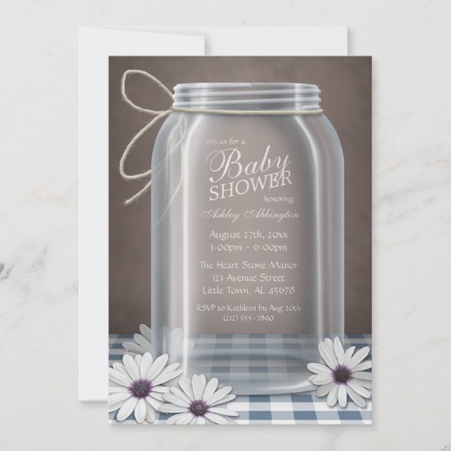 Convite Chá de fraldas de Gingham Azul Mason Jar (Frente)