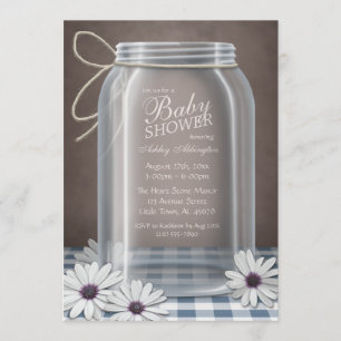 Convite Chá de fraldas de Gingham Azul Mason Jar