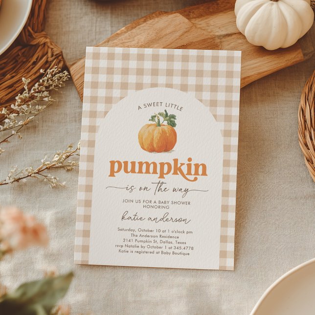 Convite Chá de fraldas de Gingham Pumpkin Neutro por Gêner (Criador carregado)
