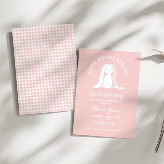 Convite Chá de fraldas de Gingham Rosa Especial de Bunny (Criador carregado)